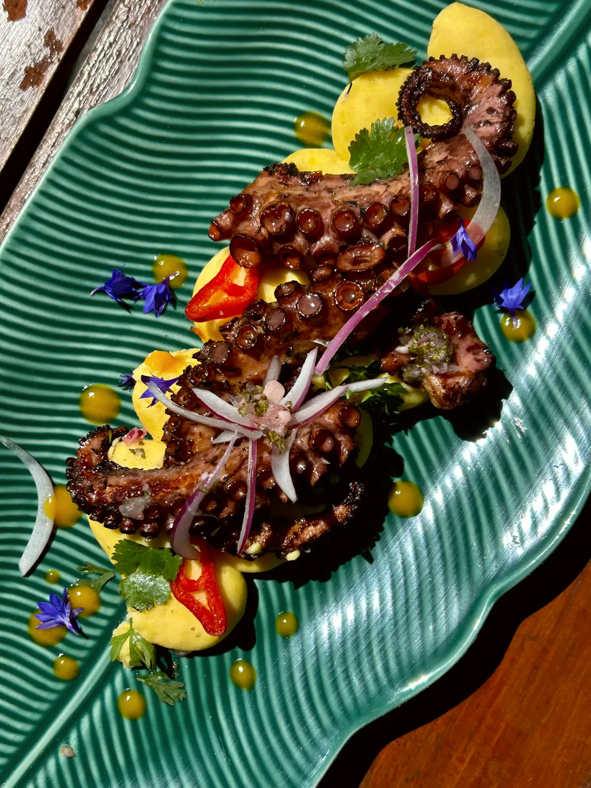 Pulpo braseado al carbón con cremoso de papa amarilla